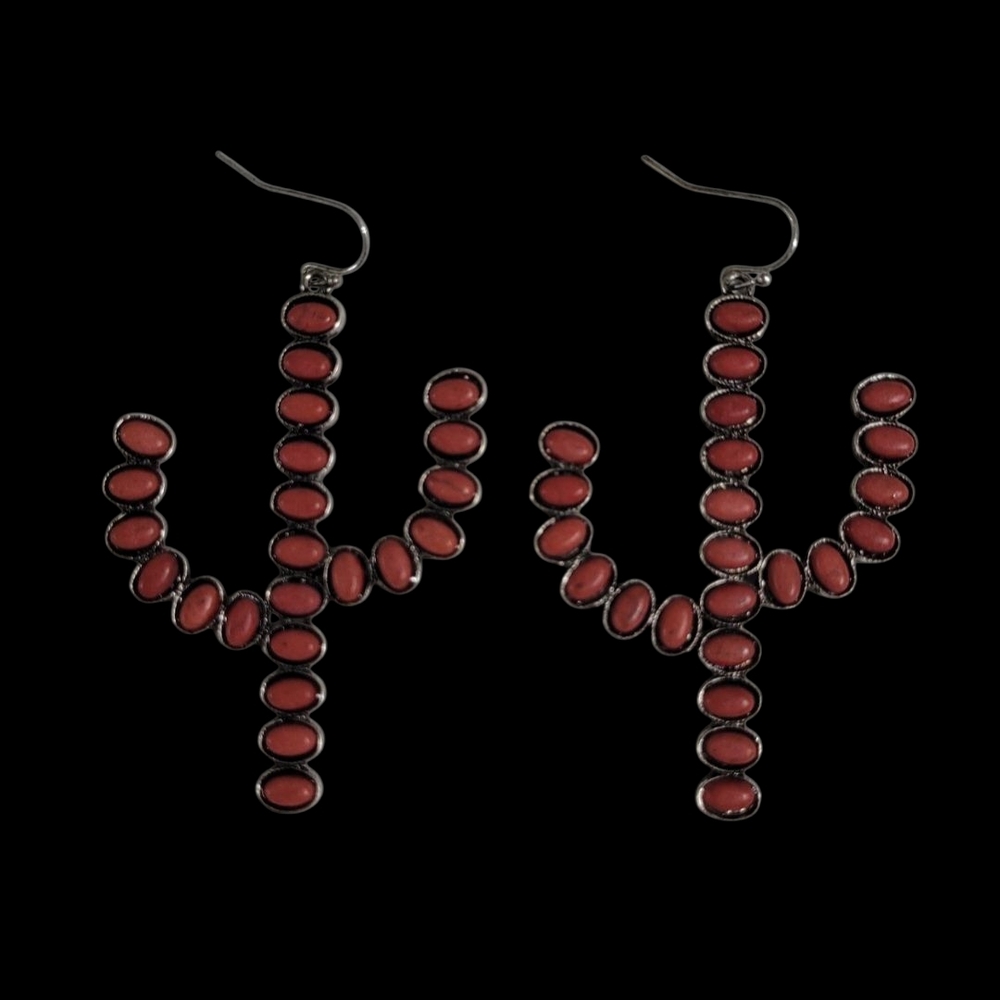 Red Stone Cactus Earrings New